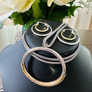 Alfani Two-Tone Silver and Gold Hoop Pendant Necklace with Matching Hoops